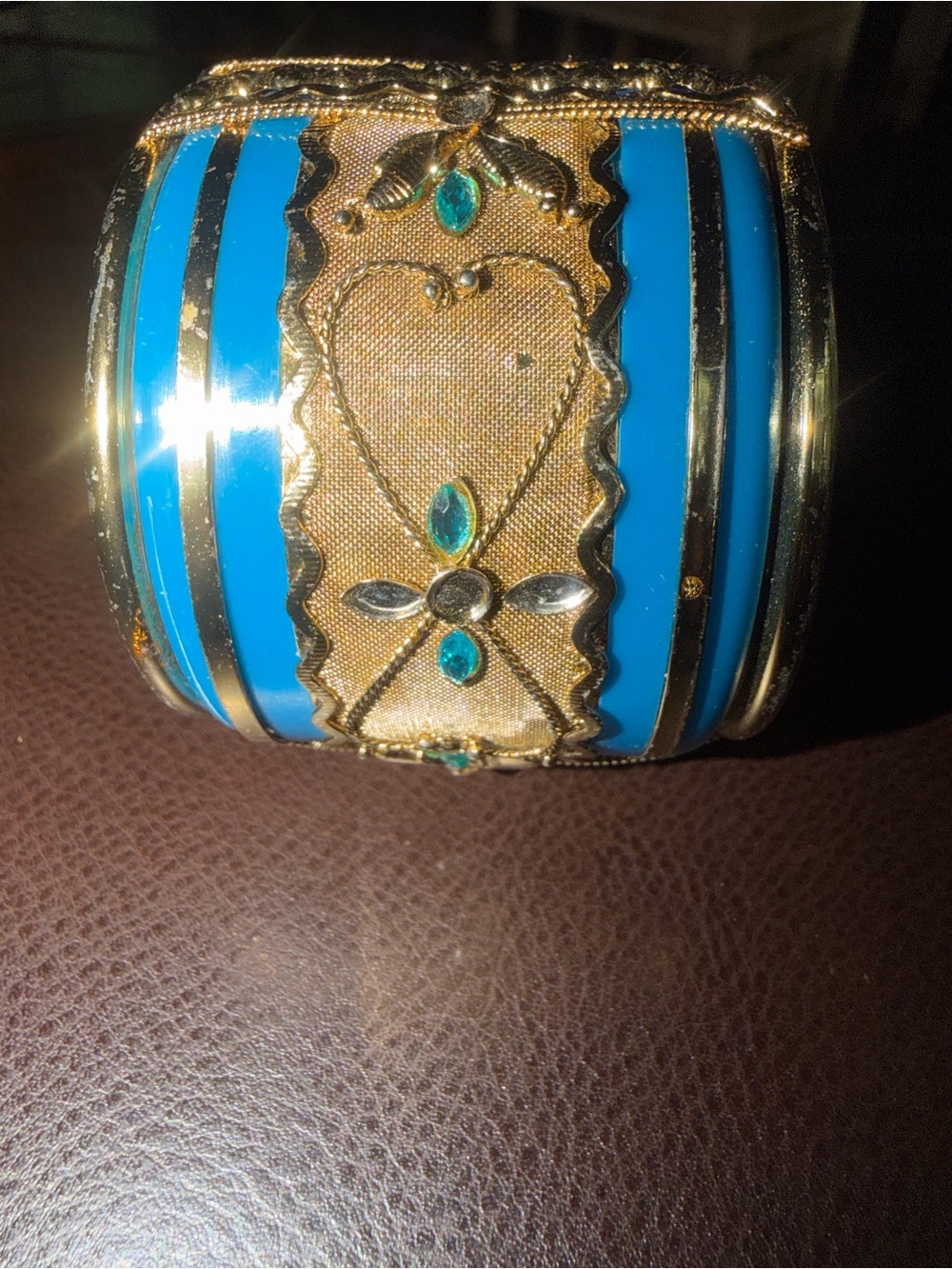 Embellished Blue and Gold Decorative Cuff Bracelet with hinge closure